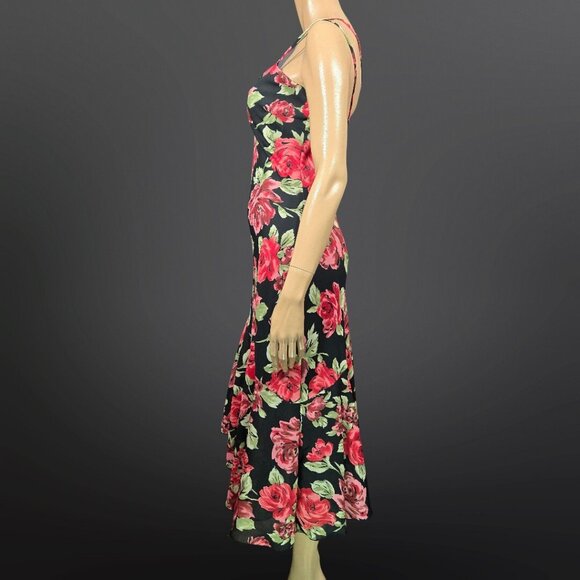 Vintage 90s Y2K Rose Print Black Midi Dress Size 8 Sleeveless Asymmetric Hem - Picture 3 of 9